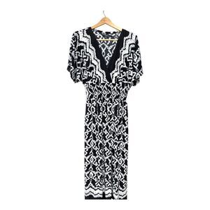 Calessa Womens Size XL Black White Demask Maxi Dress Elastic Waist Dolman Sleeve